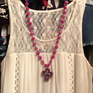 Boho long pink cross necklace NEW